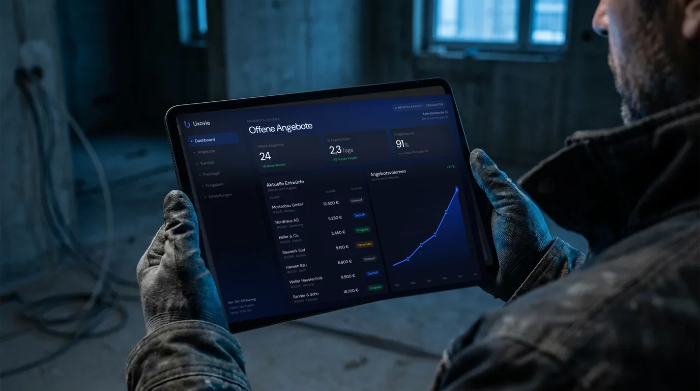 Beispielansicht der Angebots-Engine mit erfundenen Demodaten auf einem Tablet vor Ort