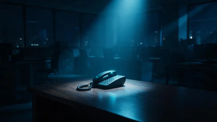 Telefon in einem dunklen Büro, rund um die Uhr erreichbar